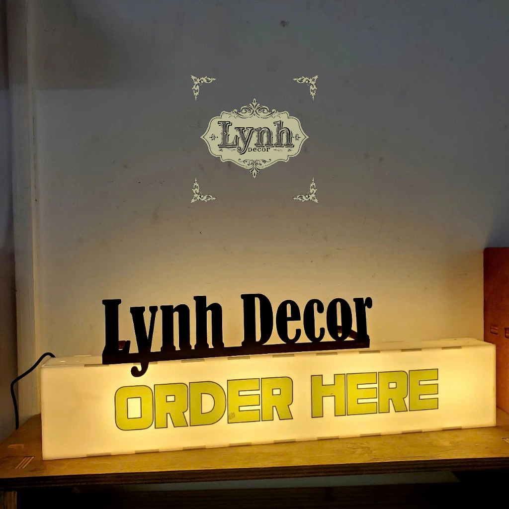 Hộp đèn mica OrderHere không viền led chữ đèn sáng 5 mặt,LYNHDECOR FREETHIẾT KẾ THEO YÊU CẦU