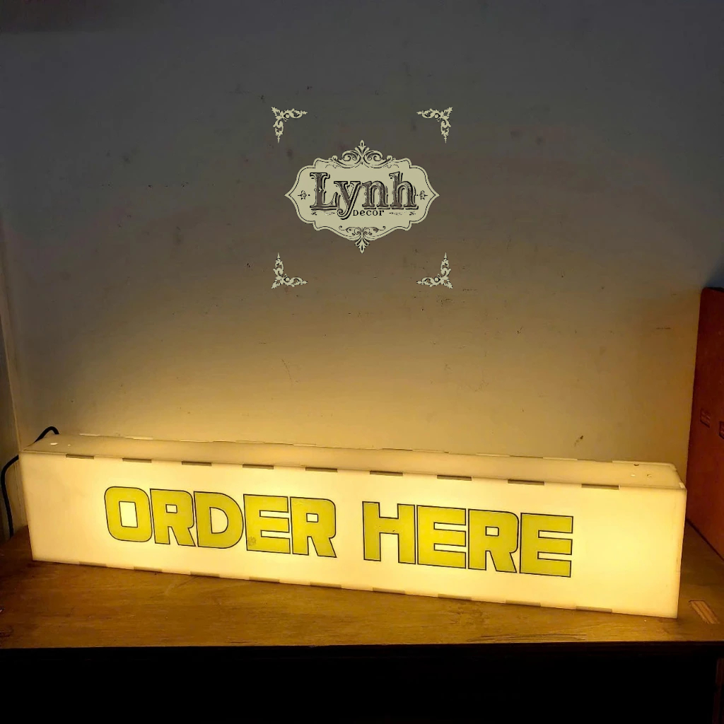 Hộp đèn mica OrderHere không viền led chữ đèn sáng 5 mặt,LYNHDECOR FREETHIẾT KẾ THEO YÊU CẦU