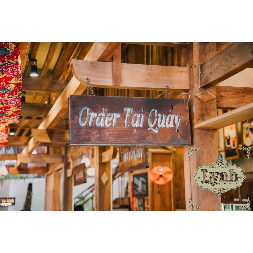Bảng hiệu sắt Rỉ sét Order Here đèn LED treo tường ngoài trời, LynhDecor