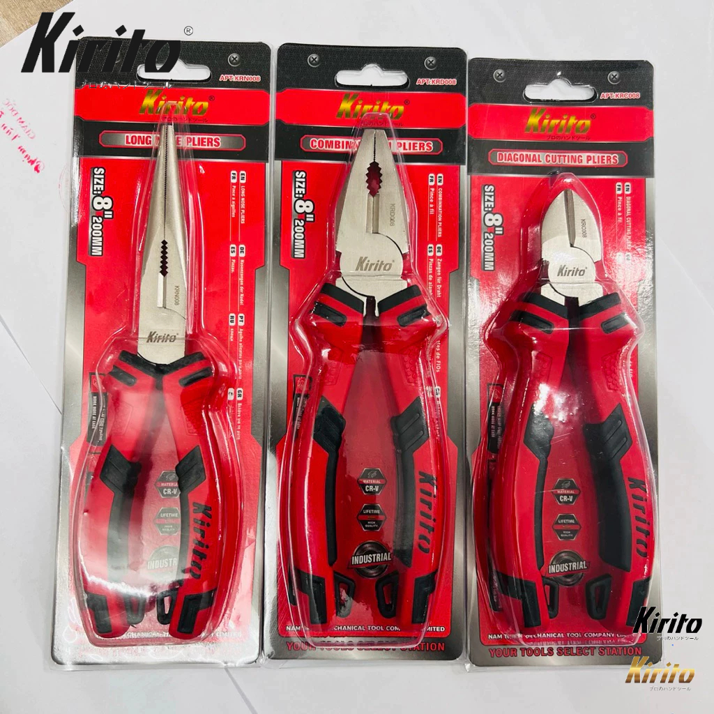 Bộ Kìm Kirito 3 Món Đa Năng Cho Thợ Điện Thép CR-V Bền Bỉ - Cắt, Uốn, Gắp - Kìm Đỏ Đen