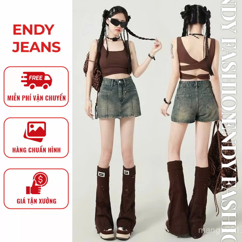 Quần short jeans giả váy dáng chữ A cạp cao tôn dáng màu xanh pha rêu retro thời trang ED07