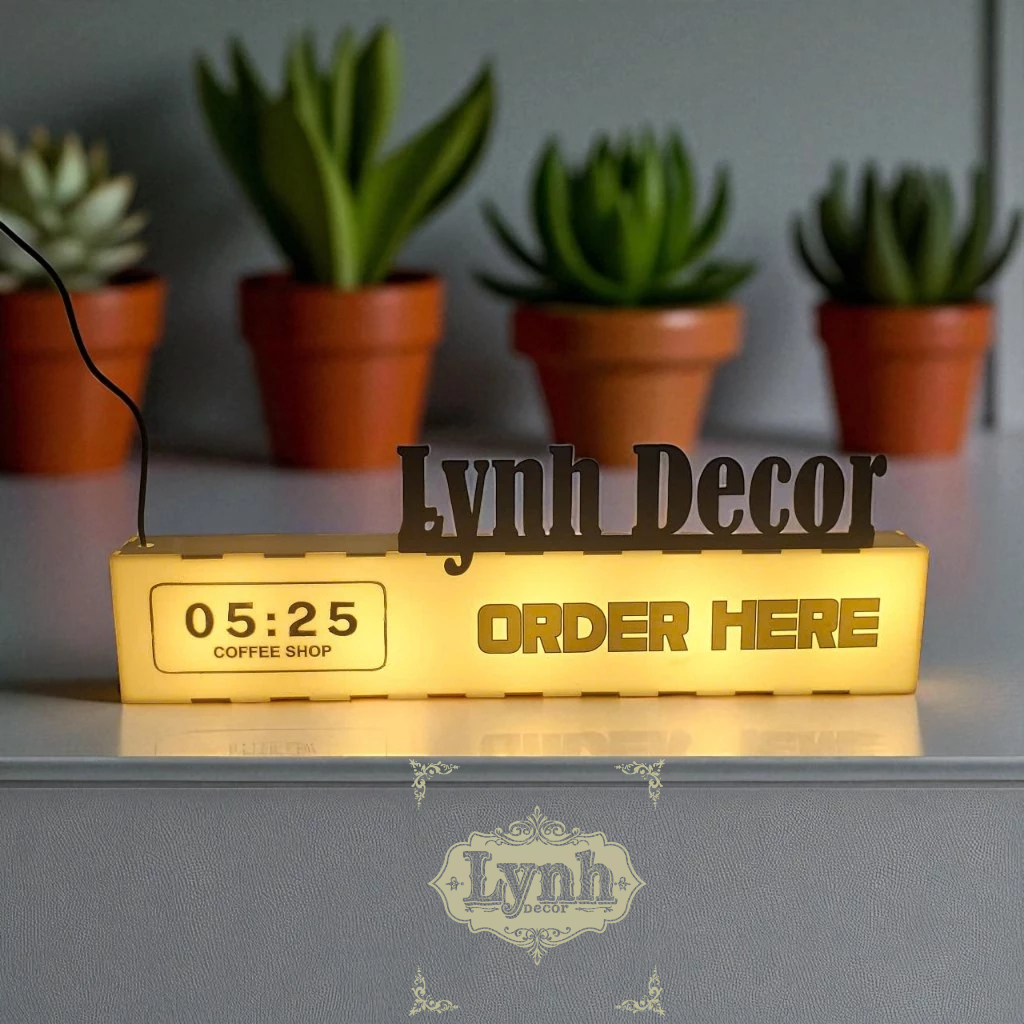 Hộp đèn mica OrderHere không viền led chữ đèn sáng 5 mặt,LYNHDECOR FREETHIẾT KẾ THEO YÊU CẦU