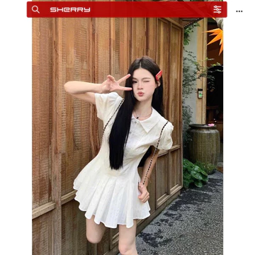 Đầm sơ mi váy xếp ly kèm quần trong tiểu thư, Đầm thiết kế liền thân dáng xòe bánh bèo