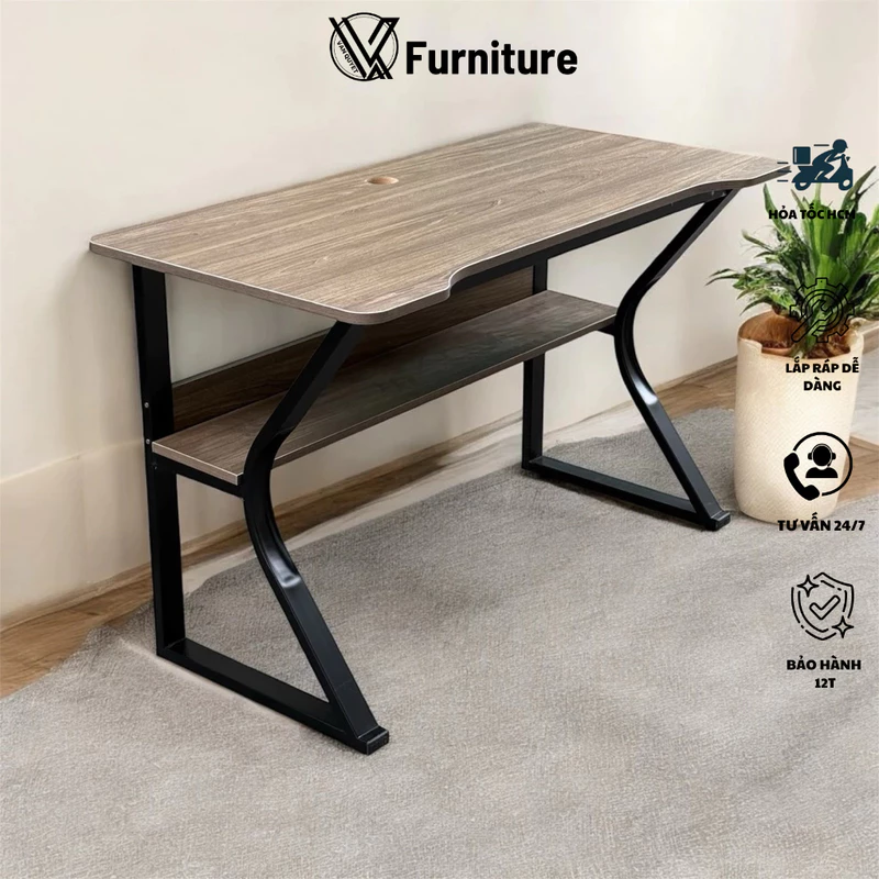 Bàn làm việc chân chữ K cong kèm kệ lửng, bàn gaming chân sắt 25x50 sơn tĩnh điện chắc chắn | Nội Thất Văn Quyết — ảnh 1