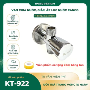 Van chia nước, van khóa nước, giảm áp chữ T hiệu RANCO chất liệu đồng mạ Chrome siêu bền KT - 922