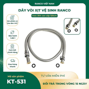 Dây vòi xịt bồn cầu nhà vệ sinh, dây cấp nước vòi sịt đít RANCO inox 304 lõi đồng dài 1m2 KT - 531