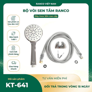 Bộ vòi hoa sen tắm tăng áp RANCO, bát sen ABS 90mm, dây inox 304 lõi đồng chống xoắn 1.5m KT - 641