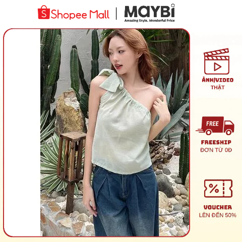 MAYBI Áo Lệch Vai Form Rộng, Nhẹ Nhàng, Nữ Tính, Áo Kiểu Cột Nơ