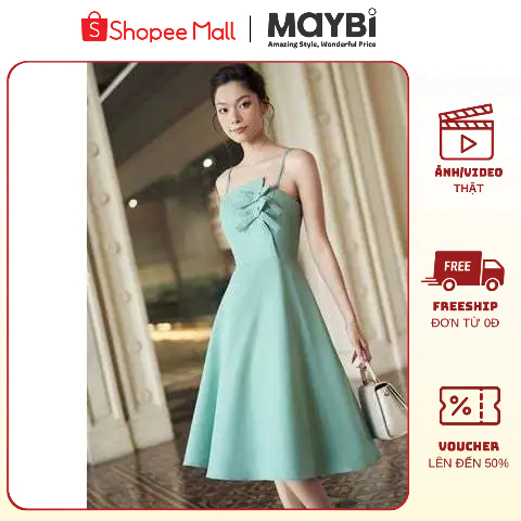 MAYBI Đầm mini xòe bố len phối nơ trang trí lệch