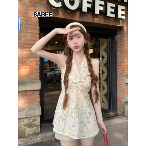 Áo Cổ Yếm Nữ BABEE Cổ V Xoắn Ngực Lưng Chun Kiểu Họa Tiết Hoa Xinh Xắn Gợi Cảm Sang Trọng Quyến Rũ