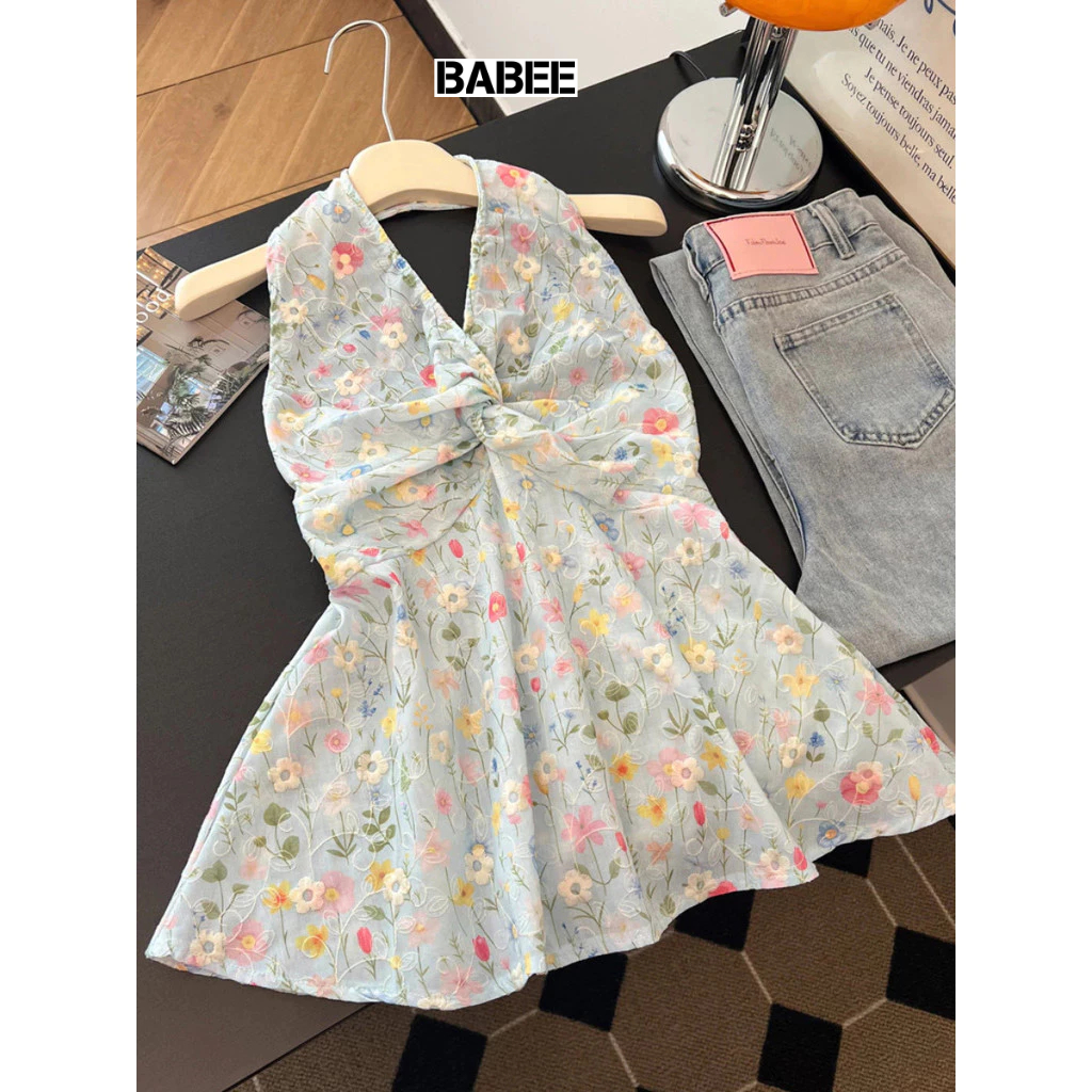 Áo Cổ Yếm Nữ BABEE Cổ V Xoắn Ngực Lưng Chun Kiểu Họa Tiết Hoa Xinh Xắn Gợi Cảm Sang Trọng Quyến Rũ