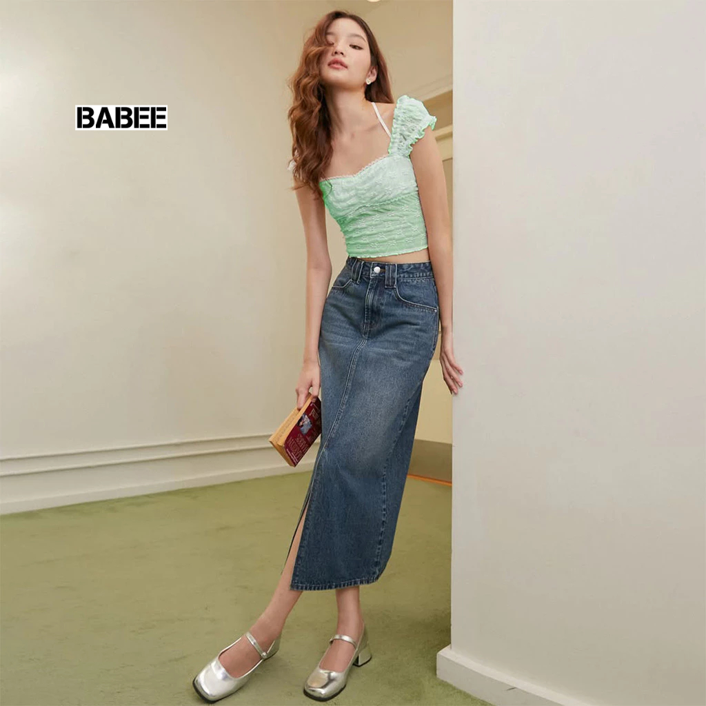 Áo Kiểu Nữ BABEE 2 Dây Bản To Cổ Vuông Có Dây Cột Chất Ren Bèo Nhún Phong Cách Tiểu Thư Sang Chảnh
