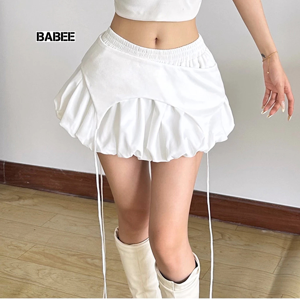 Chân Váy Nữ BABEE Dáng Ngắn Kiểu Bồng Xòe Phối Mảnh Quấn Ngoài Có QUẦN TRONG Lưng Chun Cá Tính