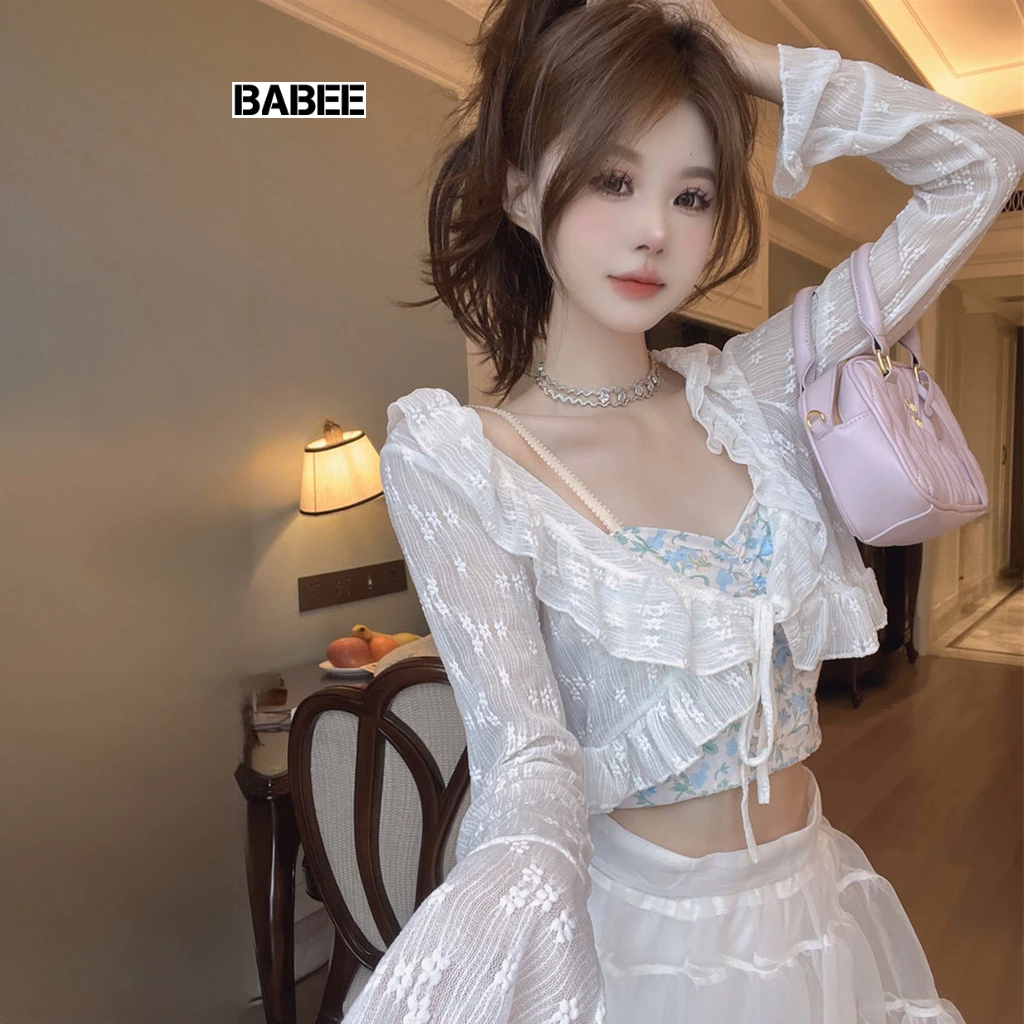 Áo Khoác Cardigan Nữ BABEE Tay Dài Chất Ren Hoa Nổi Phối Dây Buộc Kiểu Dáng Điệu Đà Sang Trọng