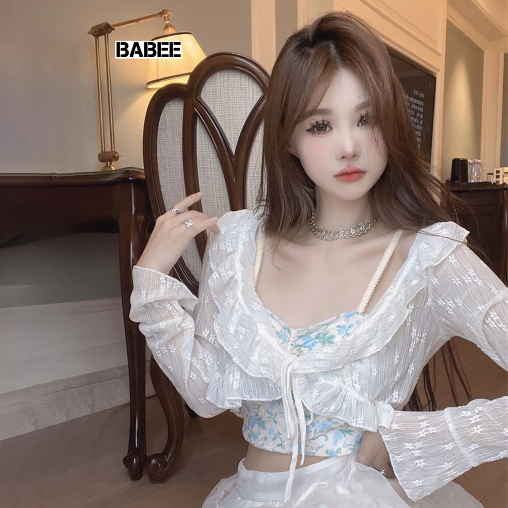 Áo Khoác Cardigan Nữ BABEE Tay Dài Chất Ren Hoa Nổi Phối Dây Buộc Kiểu Dáng Điệu Đà Sang Trọng