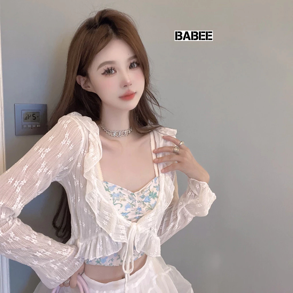 Áo Khoác Cardigan Nữ BABEE Tay Dài Chất Ren Hoa Nổi Phối Dây Buộc Kiểu Dáng Điệu Đà Sang Trọng