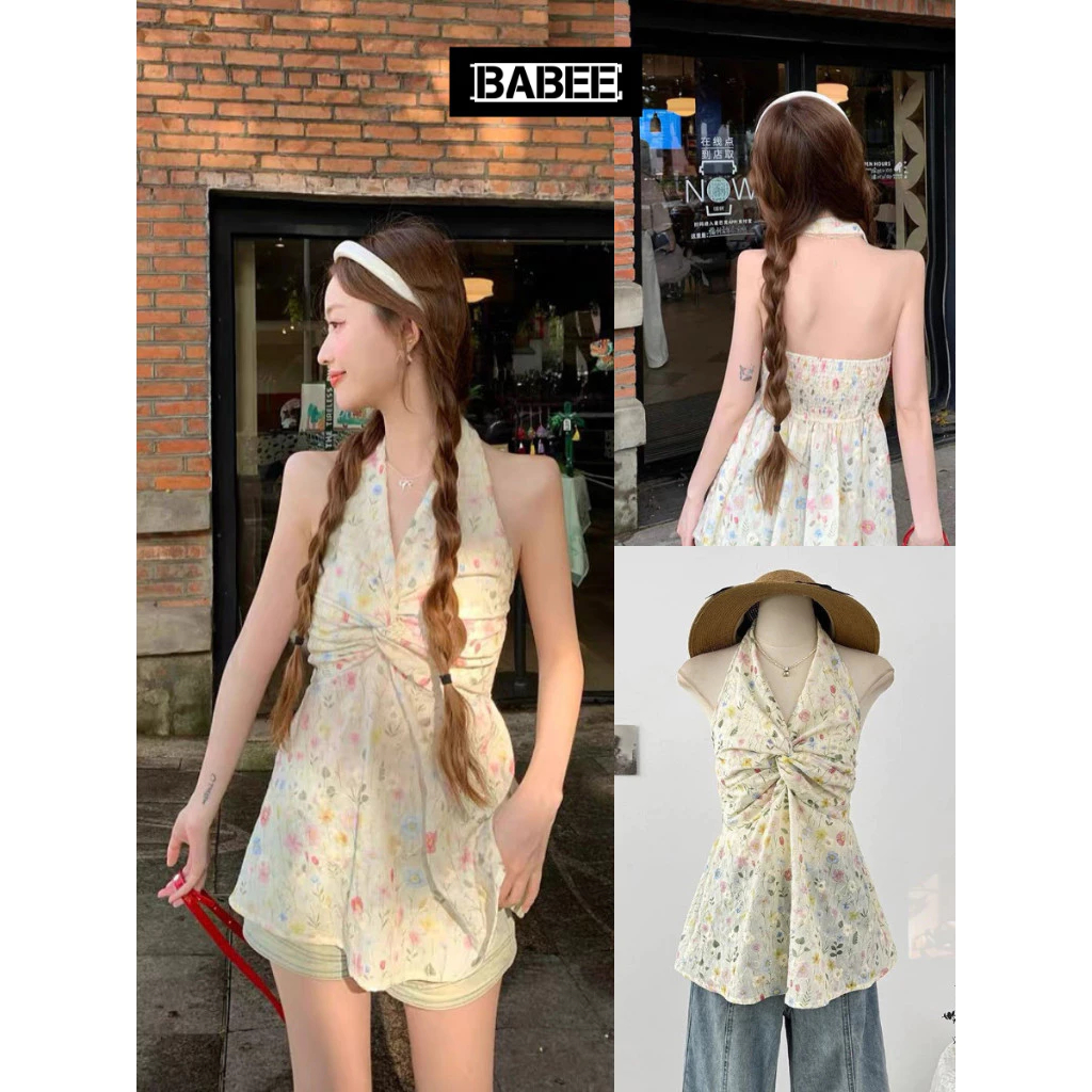 Áo Cổ Yếm Nữ BABEE Cổ V Xoắn Ngực Lưng Chun Kiểu Họa Tiết Hoa Xinh Xắn Gợi Cảm Sang Trọng Quyến Rũ