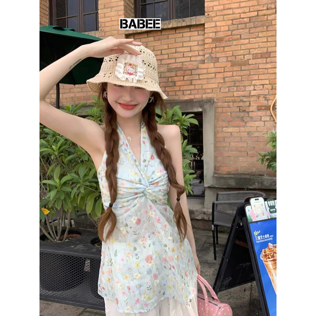 Áo Cổ Yếm Nữ BABEE Cổ V Xoắn Ngực Lưng Chun Kiểu Họa Tiết Hoa Xinh Xắn Gợi Cảm Sang Trọng Quyến Rũ