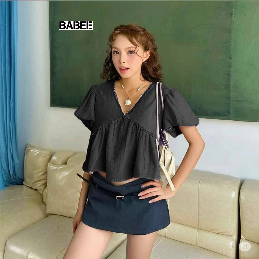 Áo Kiểu Nữ BABEE Dáng Babydolll Tay Ngắn Bồng Cổ V Viền Ren Phong Cách Trẻ Trung Năng Động Cá Tính