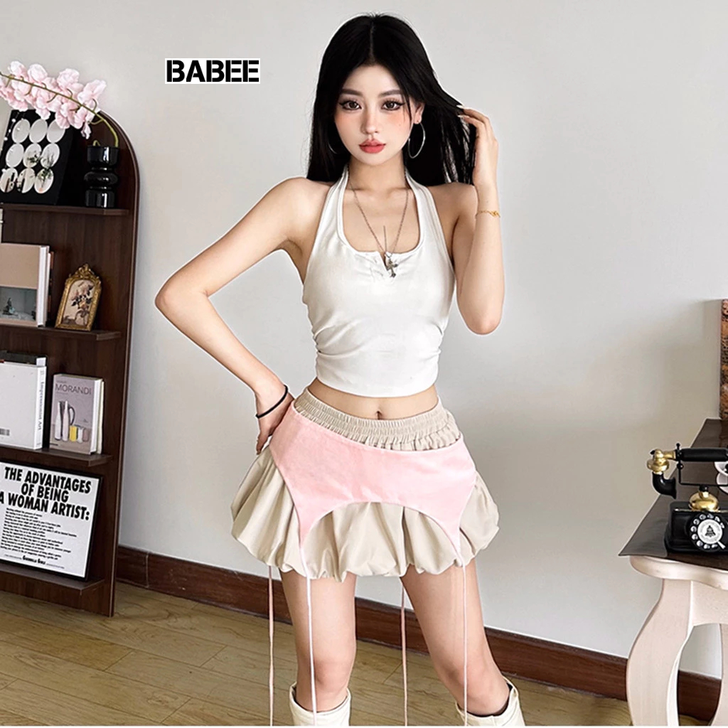 Chân Váy Nữ BABEE Dáng Ngắn Kiểu Bồng Xòe Phối Mảnh Quấn Ngoài Có QUẦN TRONG Lưng Chun Cá Tính