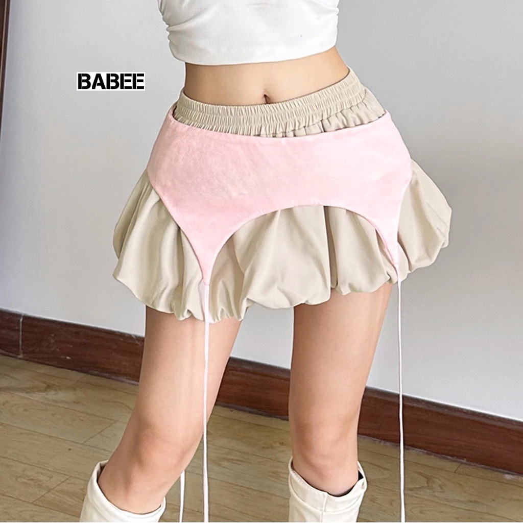 Chân Váy Nữ BABEE Dáng Ngắn Kiểu Bồng Xòe Phối Mảnh Quấn Ngoài Có QUẦN TRONG Lưng Chun Cá Tính