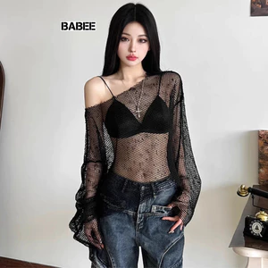 Áo Kiểu Nữ BABEE Chất Lưới Xuyên Thấu Tay Dài Trễ Vai Không Kèm Bikini Gợi Cảm Xinh Xắn Cá Tính