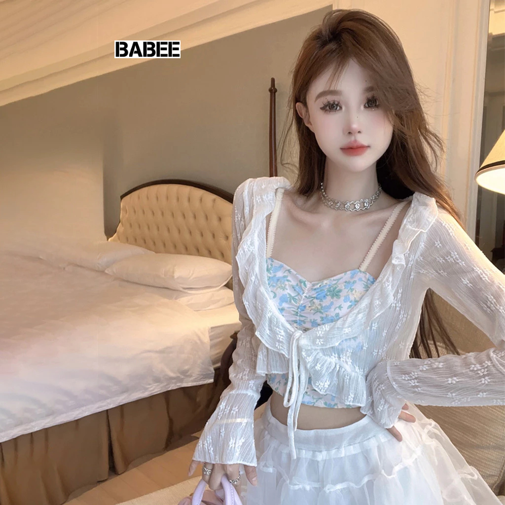 Áo Khoác Cardigan Nữ BABEE Tay Dài Chất Ren Hoa Nổi Phối Dây Buộc Kiểu Dáng Điệu Đà Sang Trọng