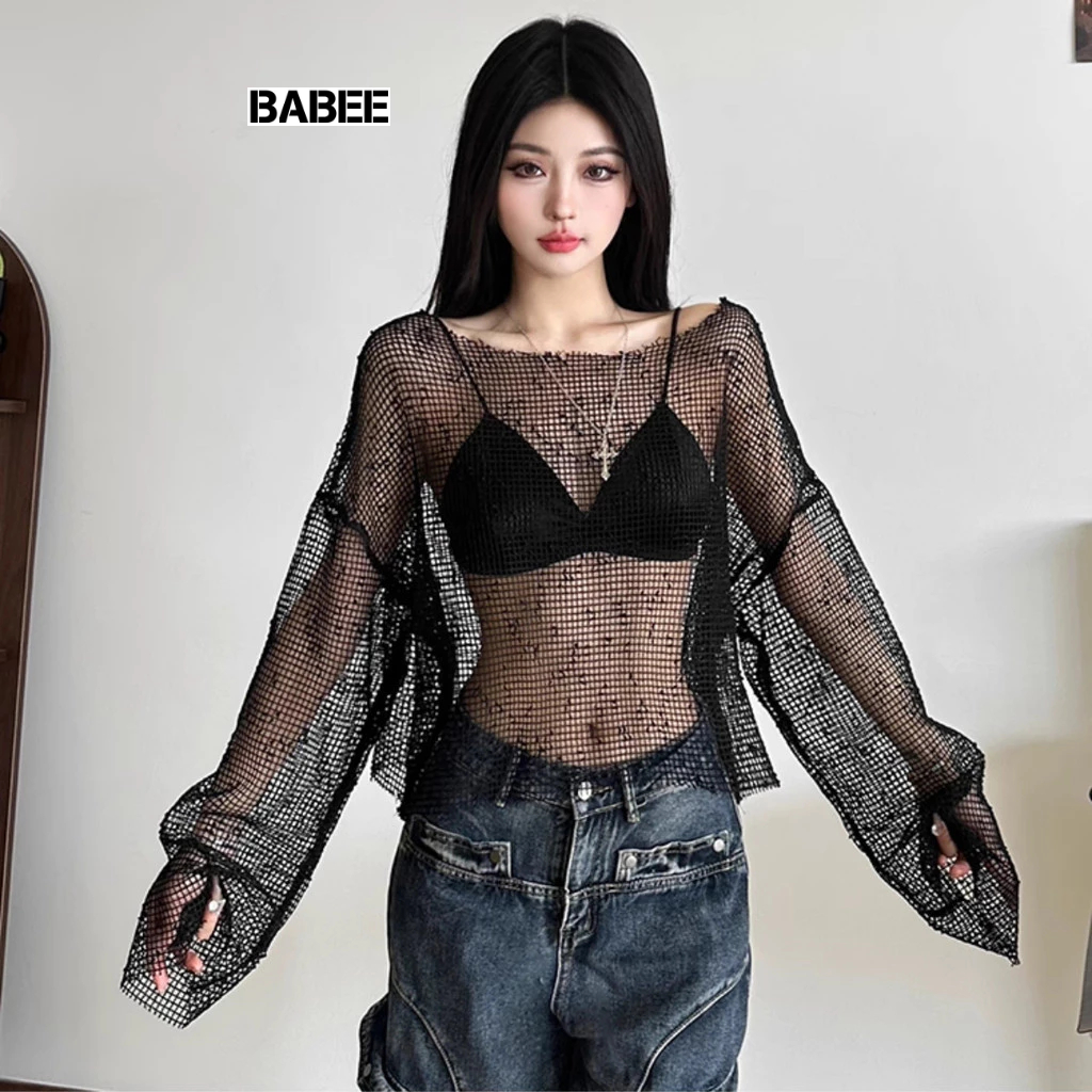 Áo Kiểu Nữ BABEE Chất Lưới Xuyên Thấu Tay Dài Trễ Vai Không Kèm Bikini Gợi Cảm Xinh Xắn Cá Tính