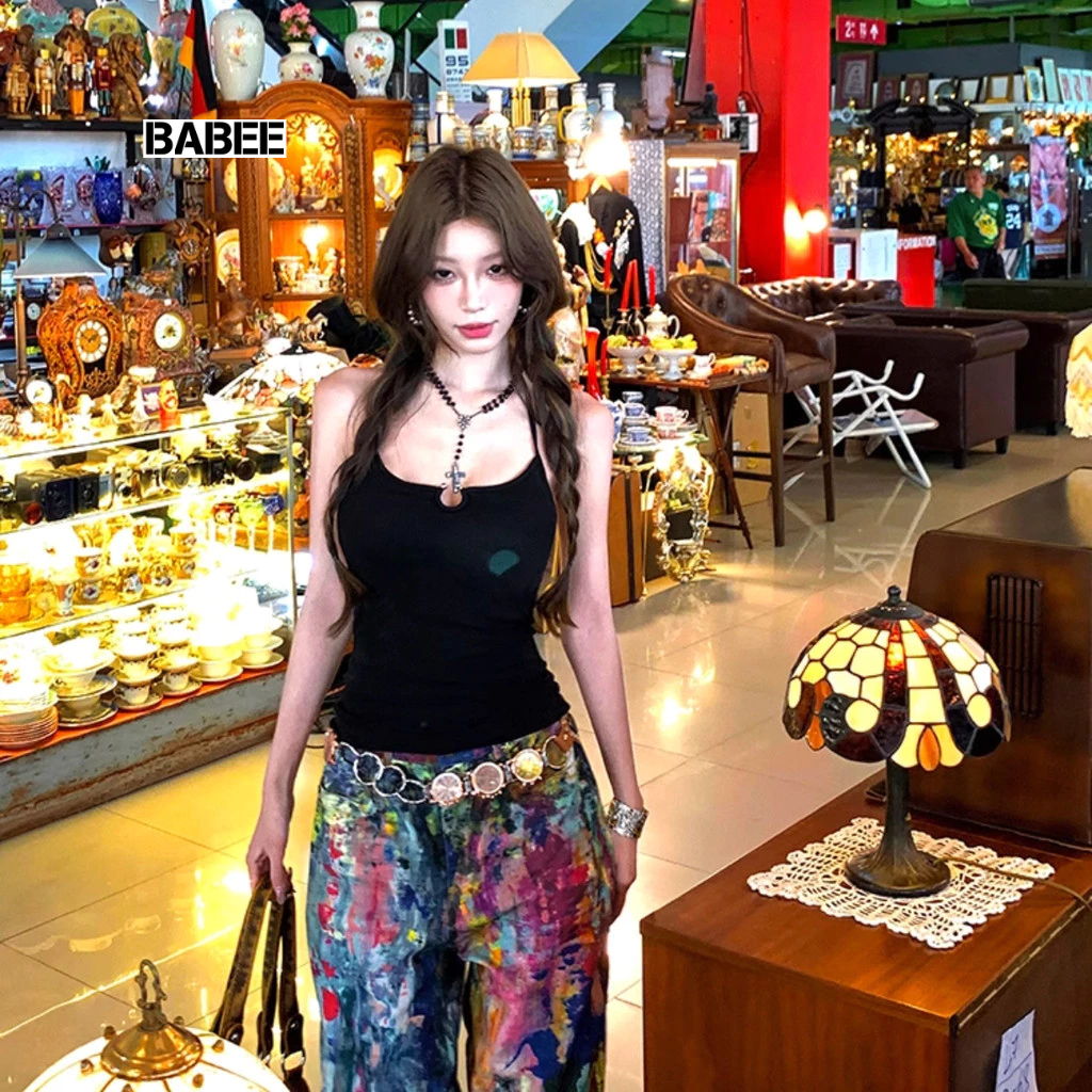 Áo Cổ Yếm Nữ BABEE Sát Nách Kiểu Khoen Ngực Phong Cách Hở Lưng Phối Dây Phụ Kiện Xinh Xắn Gợi Cảm