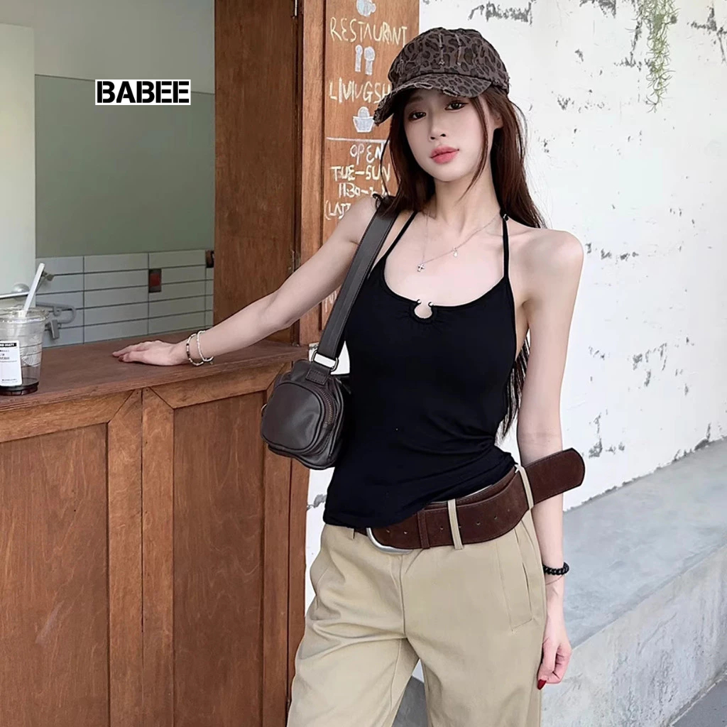 Áo Cổ Yếm Nữ BABEE Sát Nách Kiểu Khoen Ngực Phong Cách Hở Lưng Phối Dây Phụ Kiện Xinh Xắn Gợi Cảm