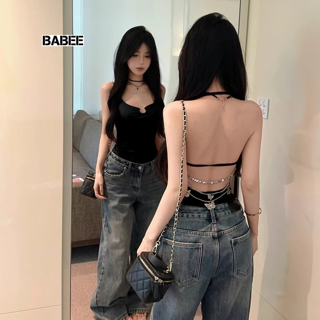 Áo Cổ Yếm Nữ BABEE Sát Nách Kiểu Khoen Ngực Phong Cách Hở Lưng Phối Dây Phụ Kiện Xinh Xắn Gợi Cảm