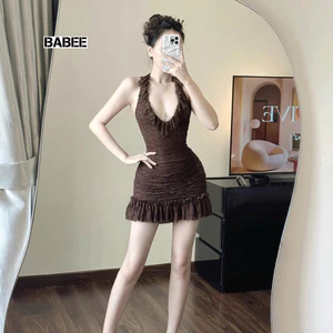 Đầm Nữ BABEE Dáng Ngắn Cổ Yếm Viền Bèo Chất Ren Kiểu Hở Lưng Gợi Cảm Ôm Body Trẻ Trung Năng Động
