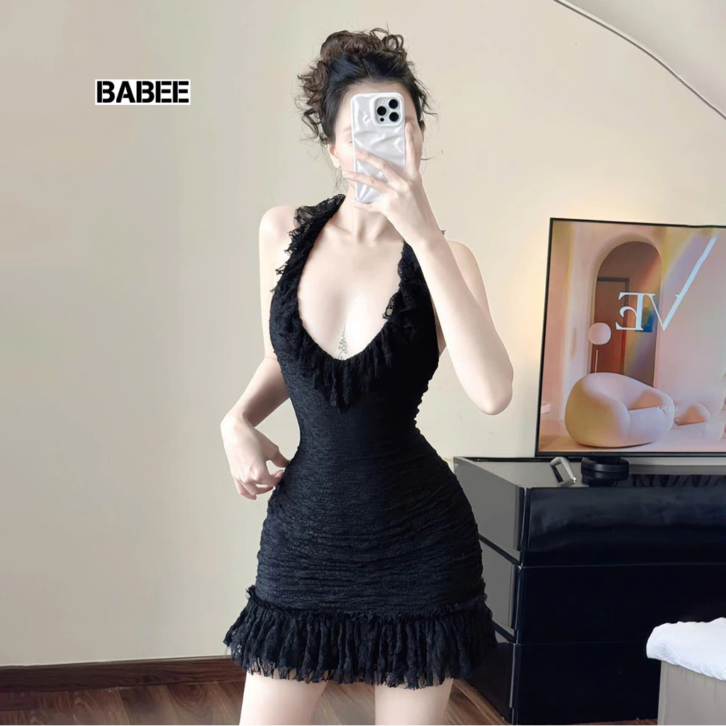 Đầm Nữ BABEE Dáng Ngắn Cổ Yếm Viền Bèo Chất Ren Kiểu Hở Lưng Gợi Cảm Ôm Body Trẻ Trung Năng Động