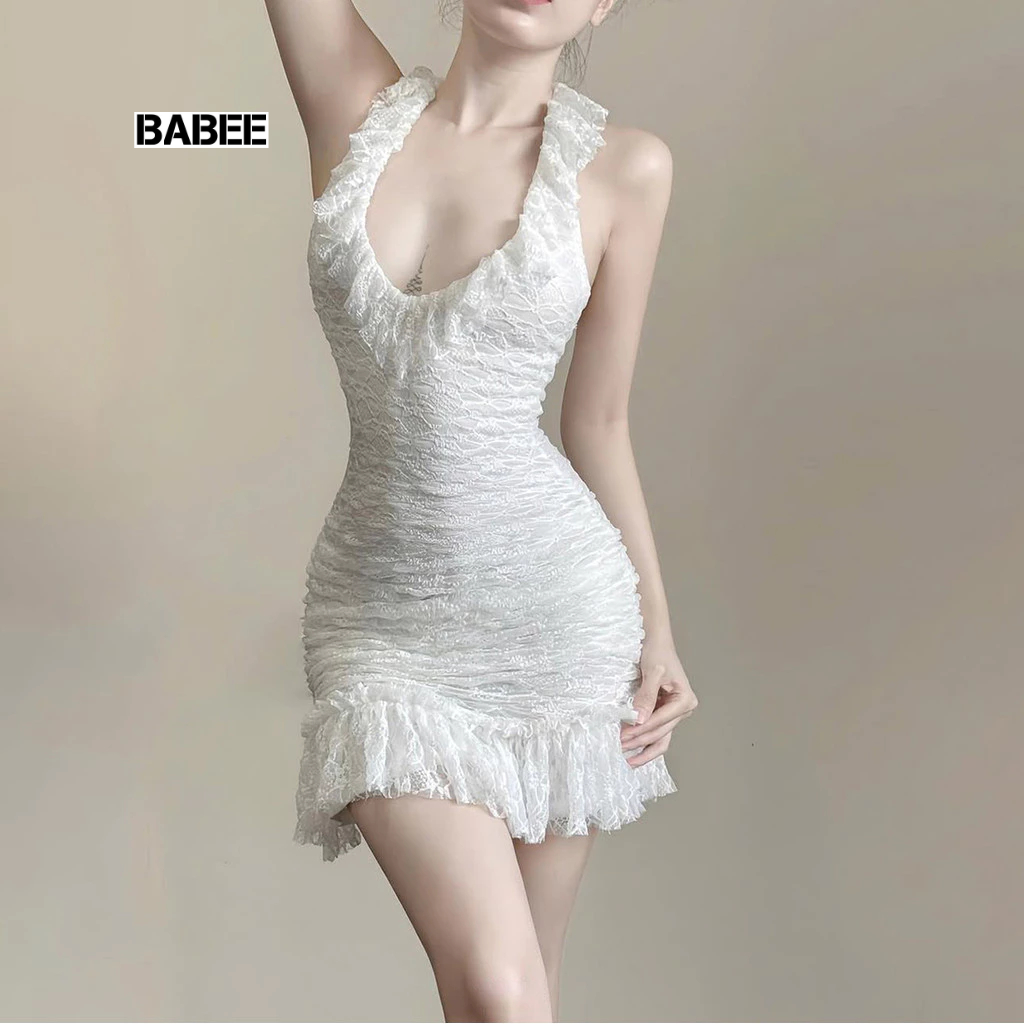Đầm Nữ BABEE Dáng Ngắn Cổ Yếm Viền Bèo Chất Ren Kiểu Hở Lưng Gợi Cảm Ôm Body Trẻ Trung Năng Động