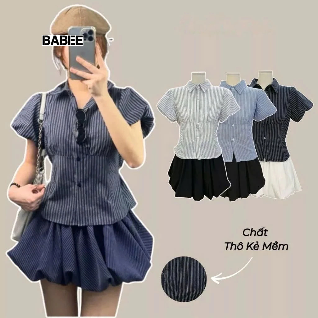 Áo Sơ Mi Nữ BABEE Kẻ Sọc Tay Ngắn Phồng Chiết Eo Buộc Nơ Sau Xinh Xắn Trẻ Trung Năng Động Cá Tính