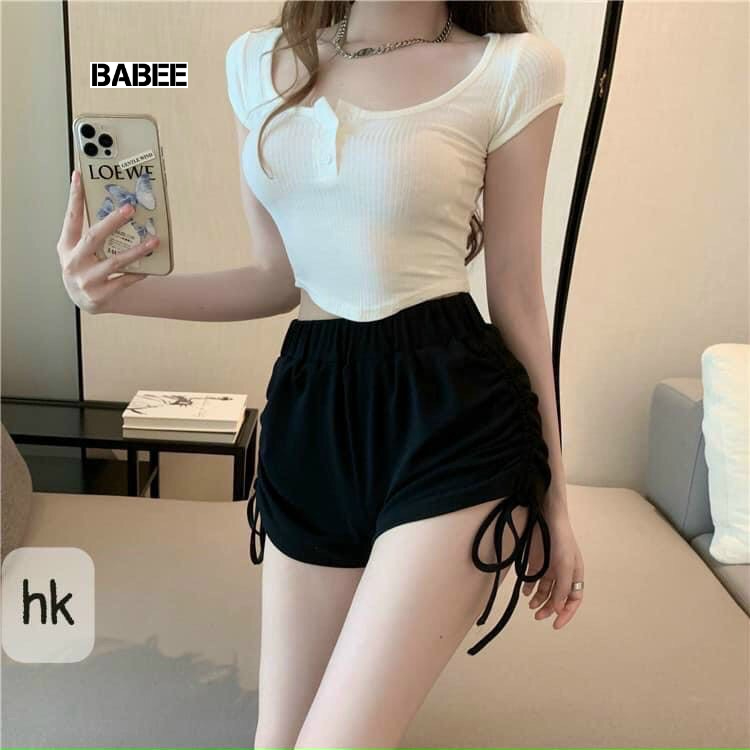 Set Nữ BABEE Gồm Áo Croptop Tay Ngắn Vạt Bầu Phối Quần Đùi Rút Dây Gợi Cảm Cá Tính Đi Chơi Mặc Nhà
