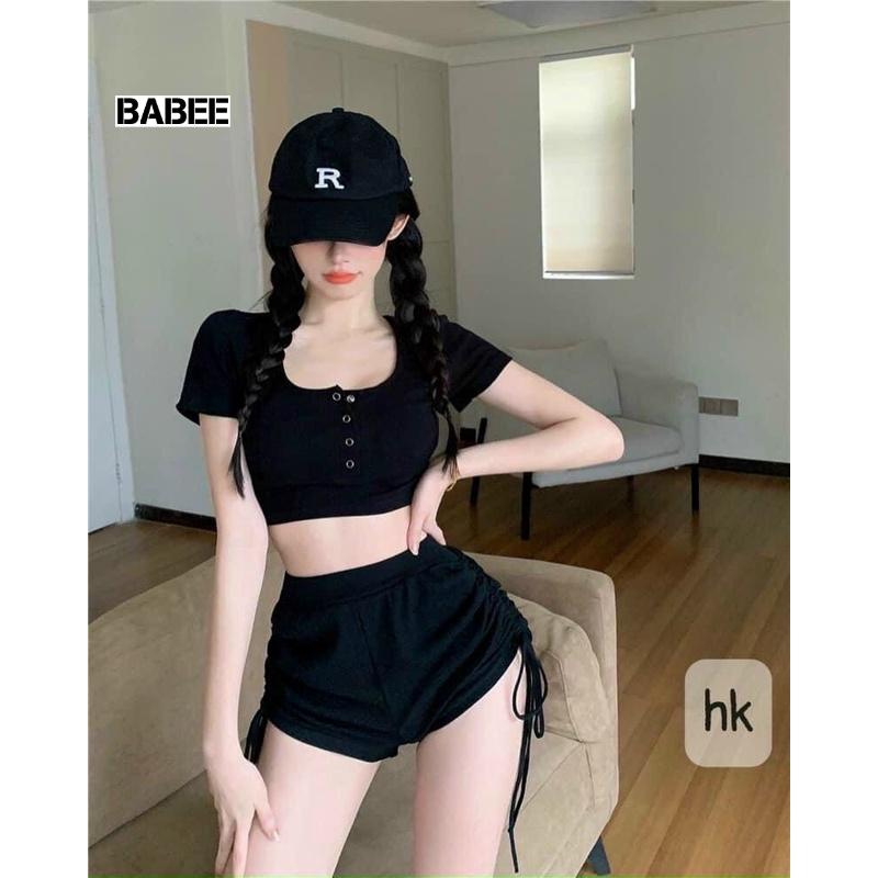Set Nữ BABEE Gồm Áo Croptop Tay Ngắn Vạt Bầu Phối Quần Đùi Rút Dây Gợi Cảm Cá Tính Đi Chơi Mặc Nhà