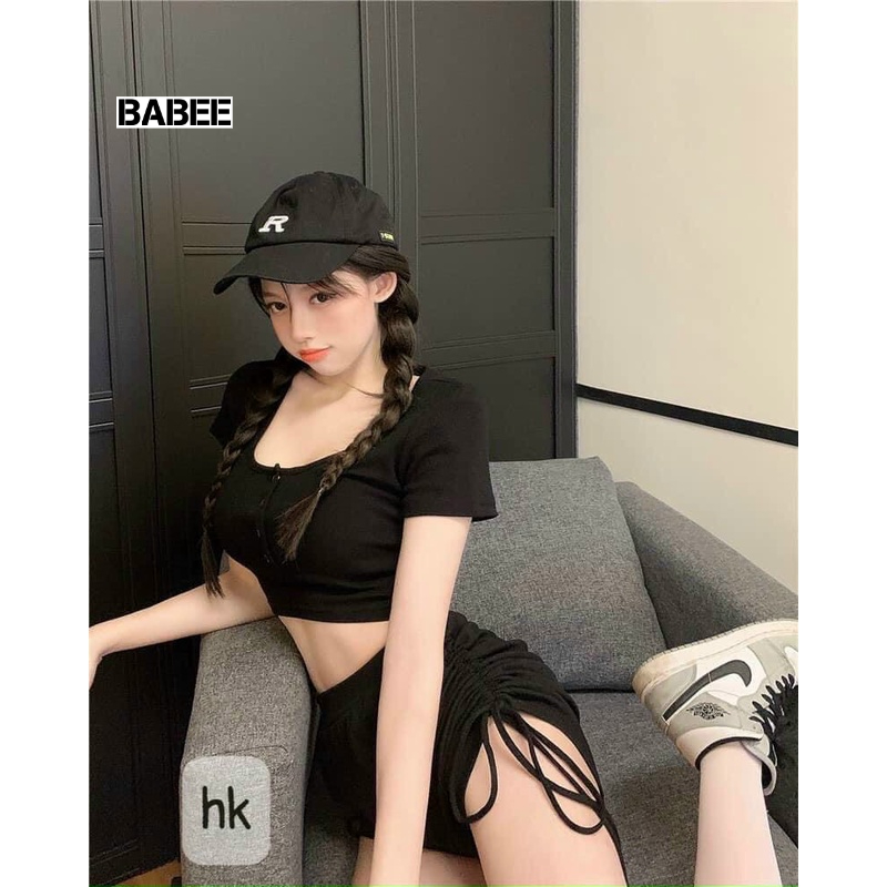 Set Nữ BABEE Gồm Áo Croptop Tay Ngắn Vạt Bầu Phối Quần Đùi Rút Dây Gợi Cảm Cá Tính Đi Chơi Mặc Nhà