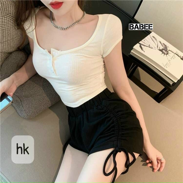 Set Nữ BABEE Gồm Áo Croptop Tay Ngắn Vạt Bầu Phối Quần Đùi Rút Dây Gợi Cảm Cá Tính Đi Chơi Mặc Nhà