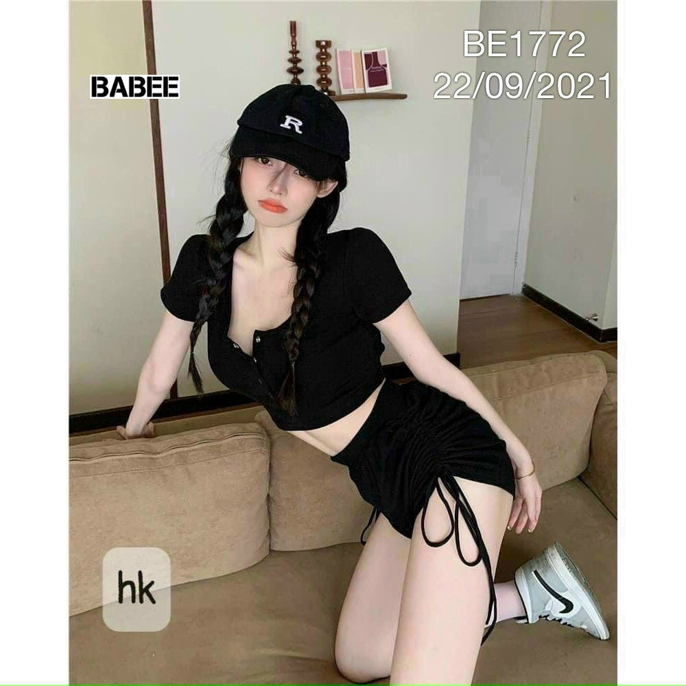 Set Nữ BABEE Gồm Áo Croptop Tay Ngắn Vạt Bầu Phối Quần Đùi Rút Dây Gợi Cảm Cá Tính Đi Chơi Mặc Nhà