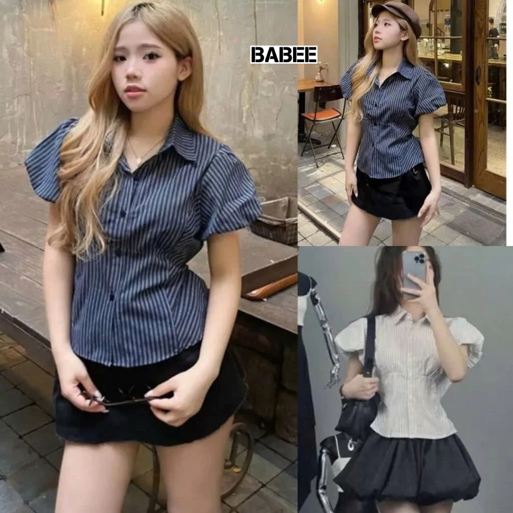 Áo Sơ Mi Nữ BABEE Kẻ Sọc Tay Ngắn Phồng Chiết Eo Buộc Nơ Sau Xinh Xắn Trẻ Trung Năng Động Cá Tính