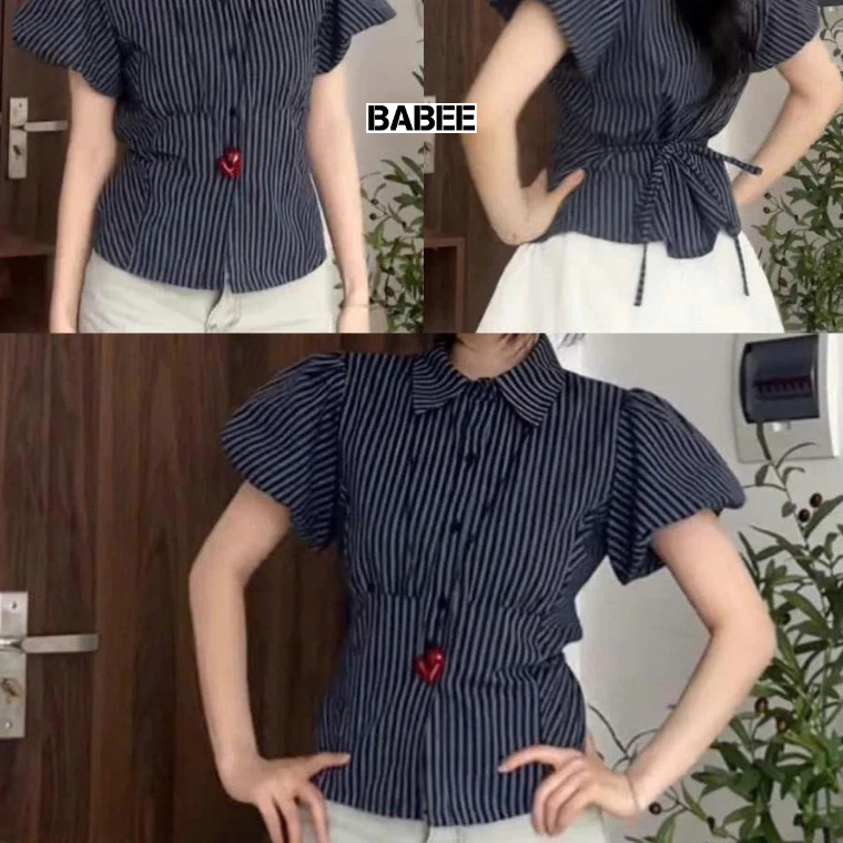 Áo Sơ Mi Nữ BABEE Kẻ Sọc Tay Ngắn Phồng Chiết Eo Buộc Nơ Sau Xinh Xắn Trẻ Trung Năng Động Cá Tính