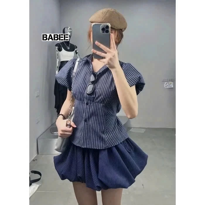 Áo Sơ Mi Nữ BABEE Kẻ Sọc Tay Ngắn Phồng Chiết Eo Buộc Nơ Sau Xinh Xắn Trẻ Trung Năng Động Cá Tính