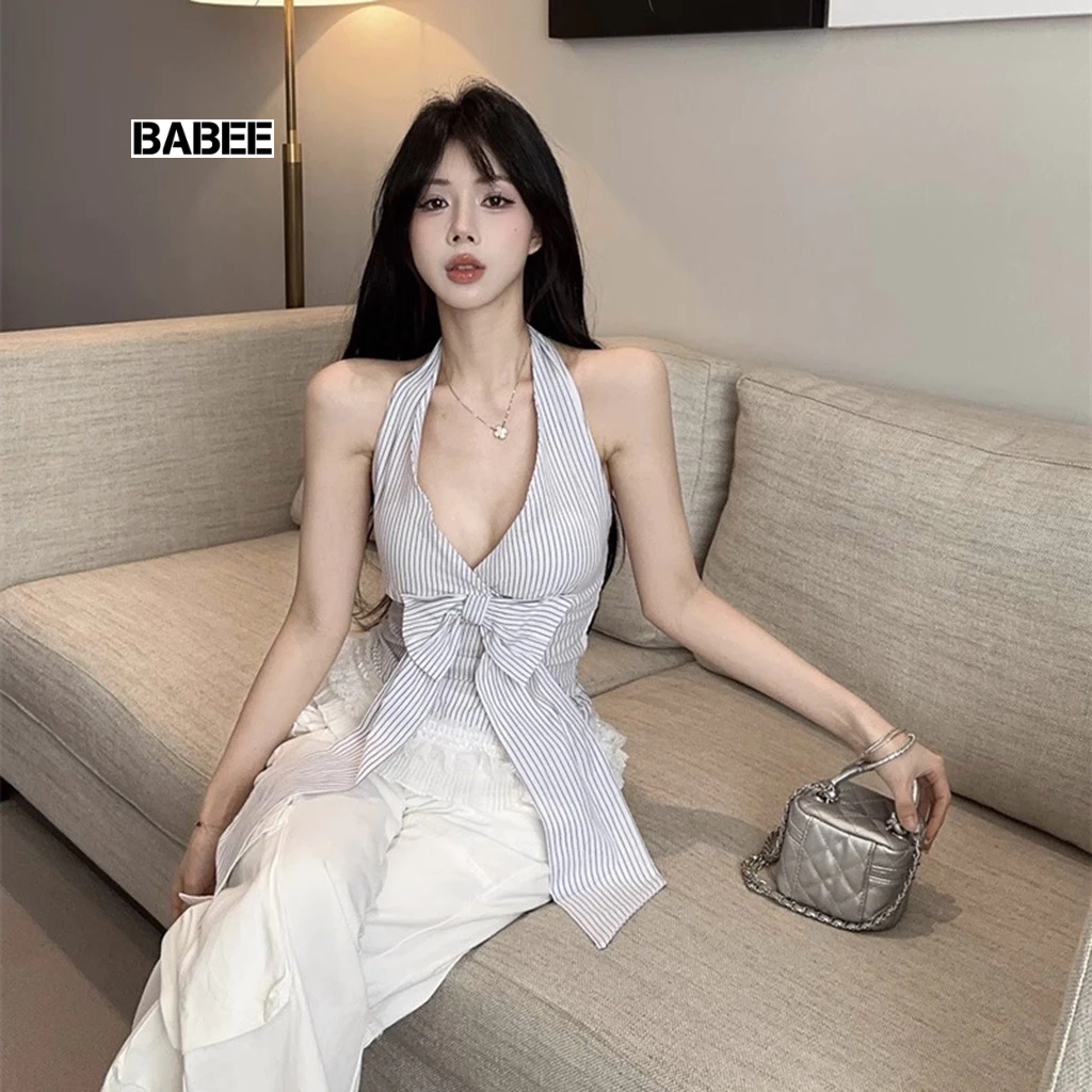 Áo Cổ Yếm Nữ BABEE Kiểu Sát Nách Kẻ Sọc Phối Nơ To Bèo Ren Xinh Xắn Trẻ Trung Cá Tính