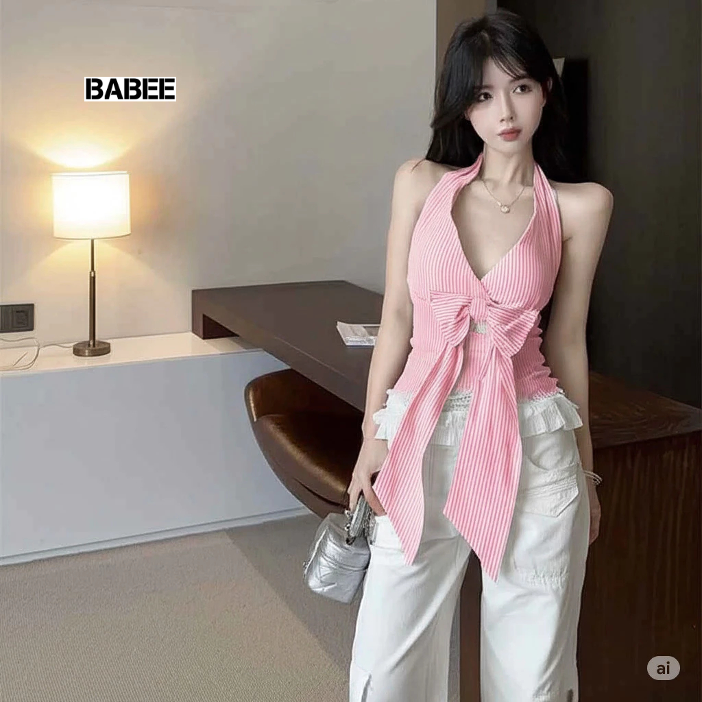 Áo Cổ Yếm Nữ BABEE Kiểu Sát Nách Kẻ Sọc Phối Nơ To Bèo Ren Xinh Xắn Trẻ Trung Cá Tính