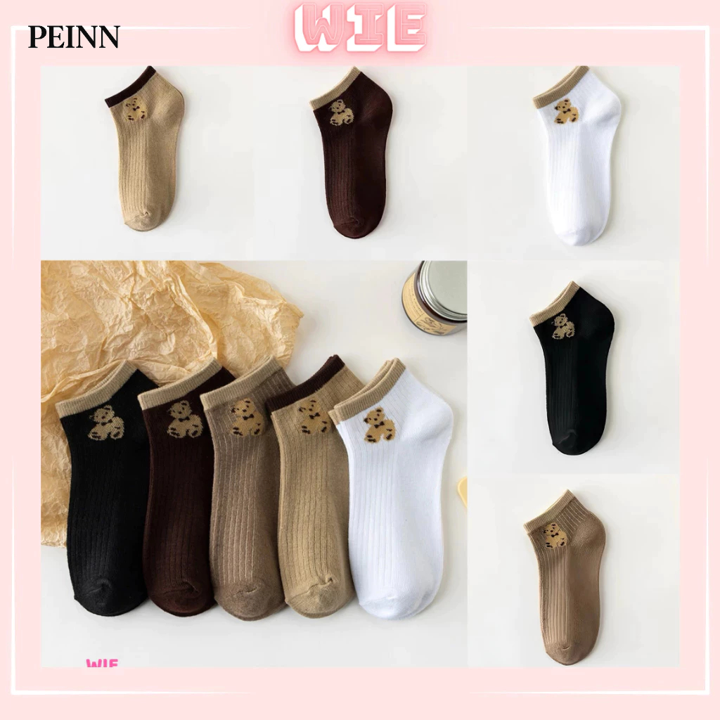 [Peinn] Set 5 đôi tất nữ cổ ngắn hoạ tiết hình gấu, vớ nữ ngắn cổ êm chân, thấm hút mồ hôi  - BTS01