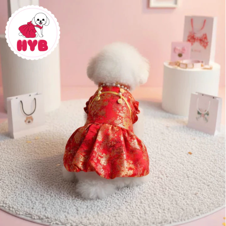 Áo dài Tết Gấm màu đỏ cho chó mèo 3KG - 6.5KG - Áo dài Tết chó mèo - Đồ Tết chó mèo - Váy đầm công chúa cho chó mèo