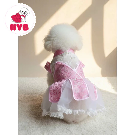 Áo dài Tết hồng phối ren cho chó mèo kích thước 3kg-6,5kg - Áo dài Tết Đồ Tết Váy đầm công chúa cho chó mèo