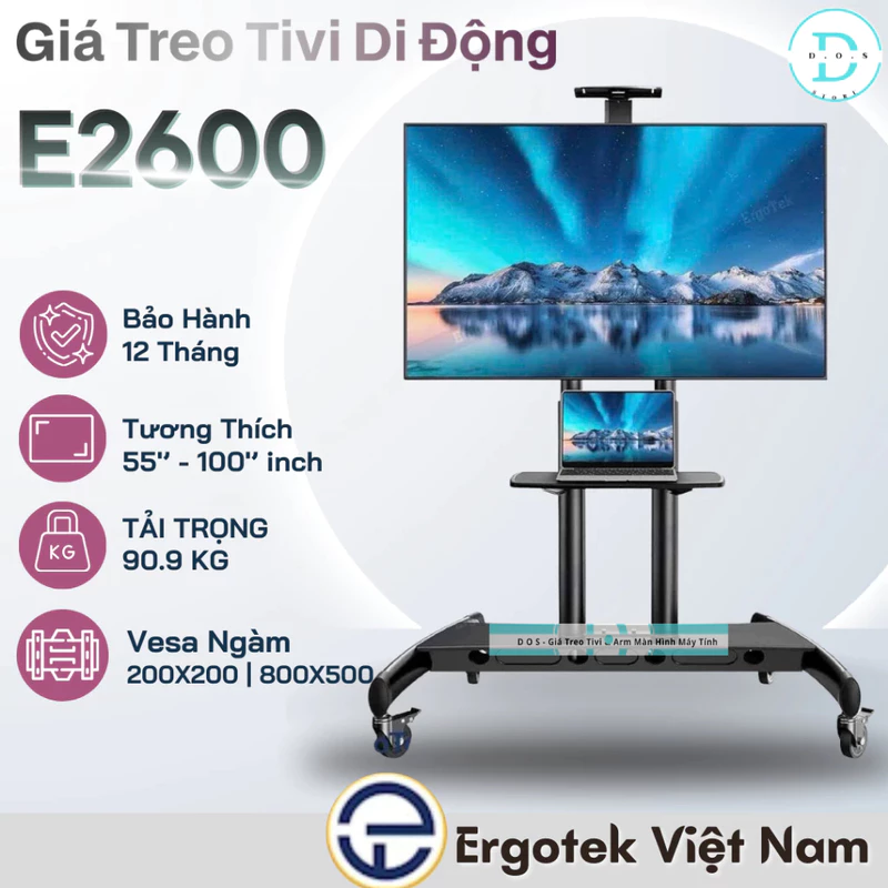 Giá treo tivi di động Ergotek E2600 (55-100 inch) - Tải trọng 90.9kg - Kệ tivi có bánh xe di chuyển cao cấp — ảnh 1