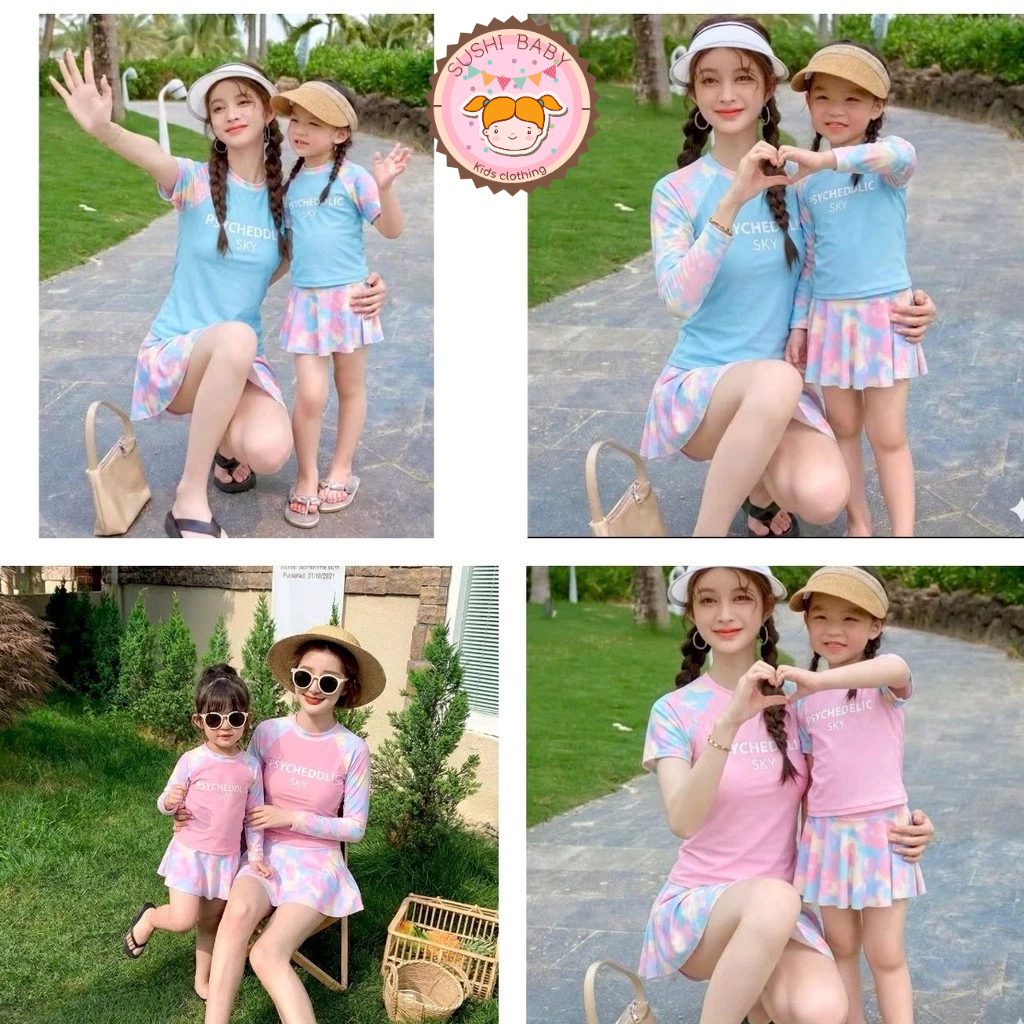 (10-65kg) Đồ bơi, Bikini 2 mảnh áo tay ngắn, tay dài phối chân váy cho MẸ VÀ BÉ diện đi bơi, đi biển, du lịch